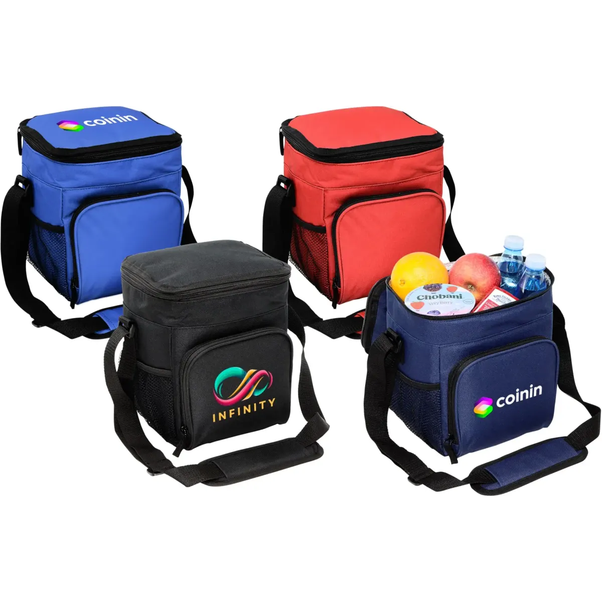 Four cooler bags in blue, red, black, and a mix of items including fruit and water bottles in the black one. Each bag has a logo.