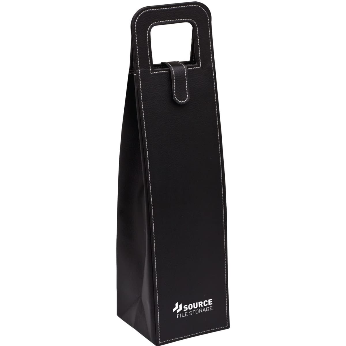 A black bag with a handle, featuring a logo and white stitching, designed for carrying items securely.