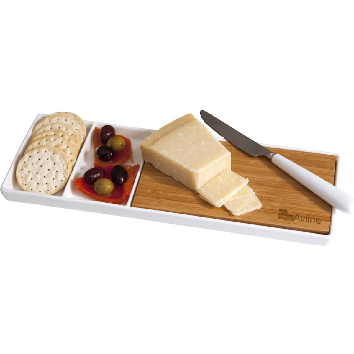 A bamboo cheese board with cheese slices, crackers, olives, and a knife, featuring a white and natural wood design.