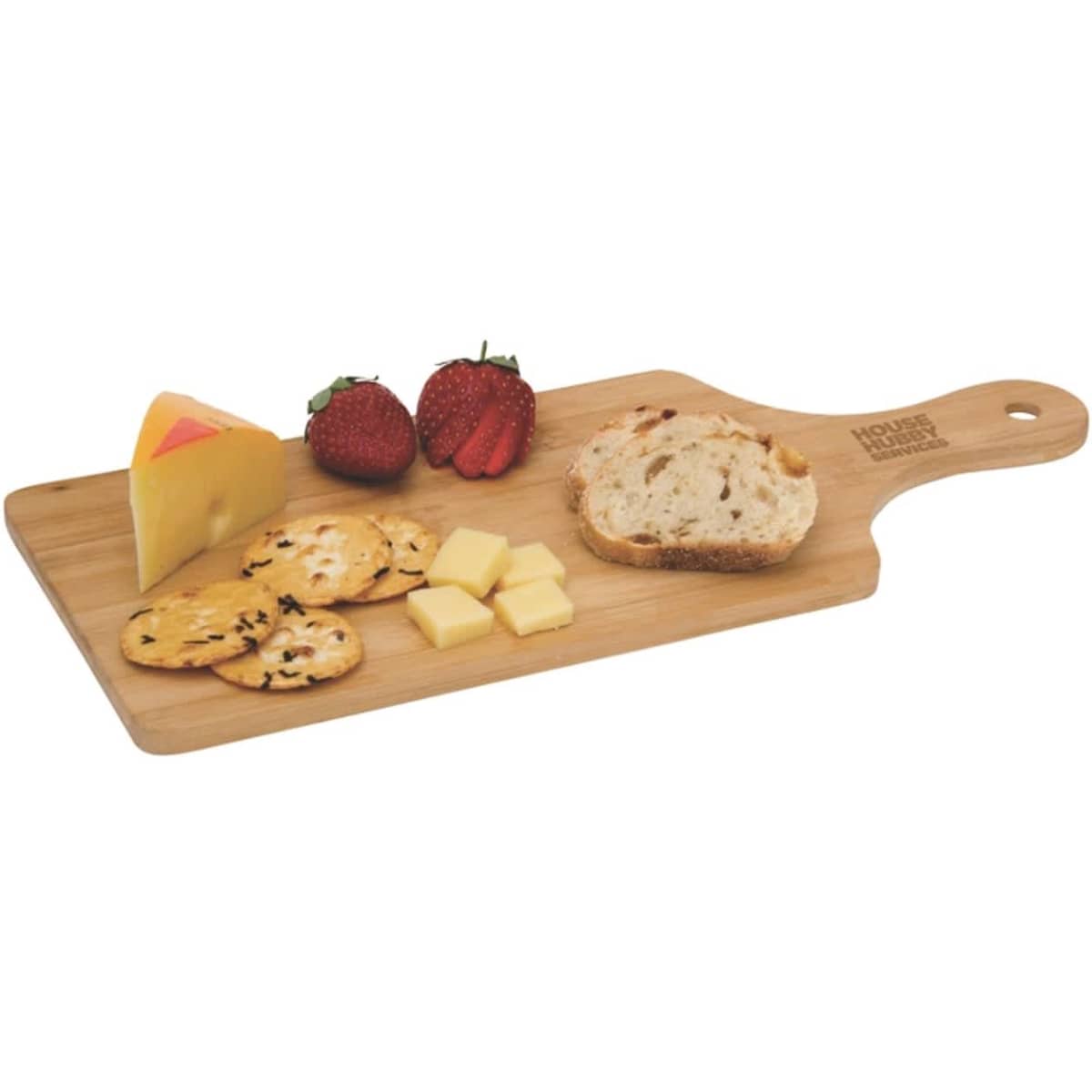 A wooden cheese board with slices of cheese, crackers, bread, and strawberries, featuring a logo on the handle.
