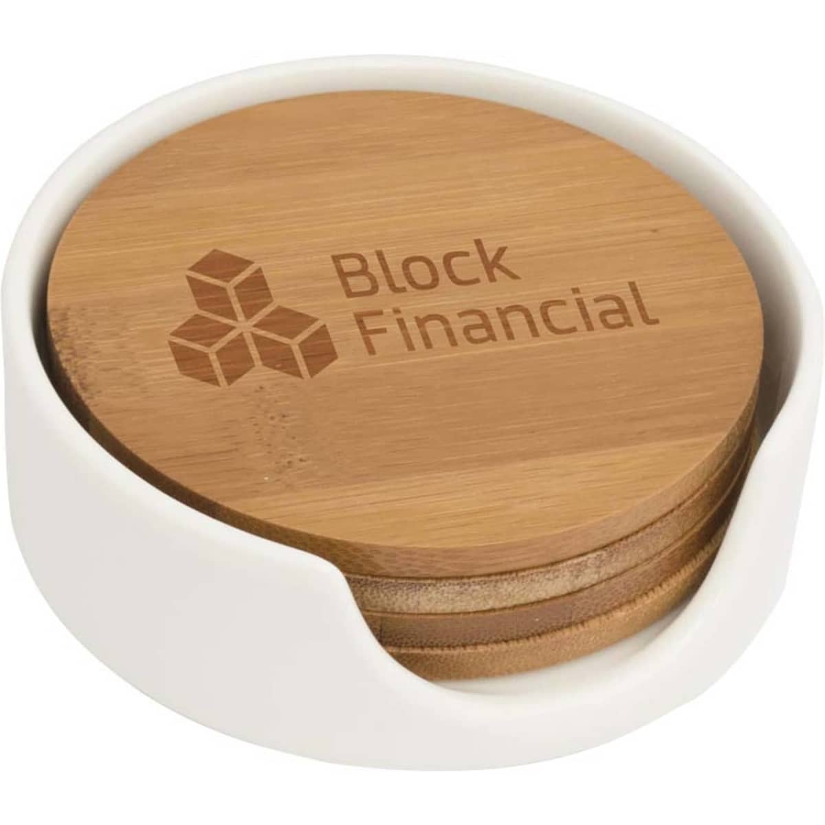 A bamboo coaster set in a white holder, featuring a logo on the coasters.