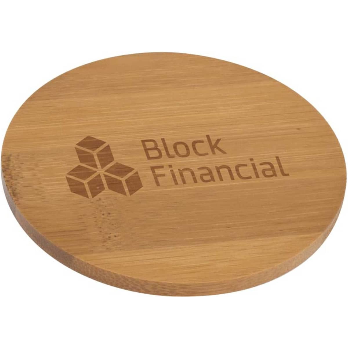 A round bamboo coaster with a light brown finish, featuring a logo engraved on its surface.