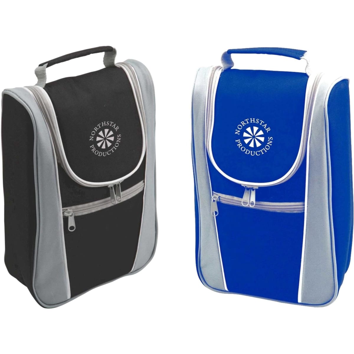A drink bottle cooler bag in black and blue, featuring a logo, with a zippered front pocket and handle.