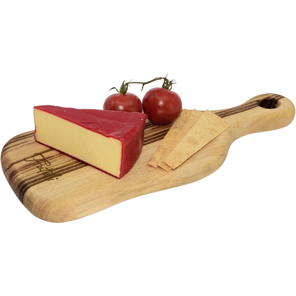A wooden serving board in natural tones, featuring cheese, crackers, and cherry tomatoes. The board has a handle and a branding logo.