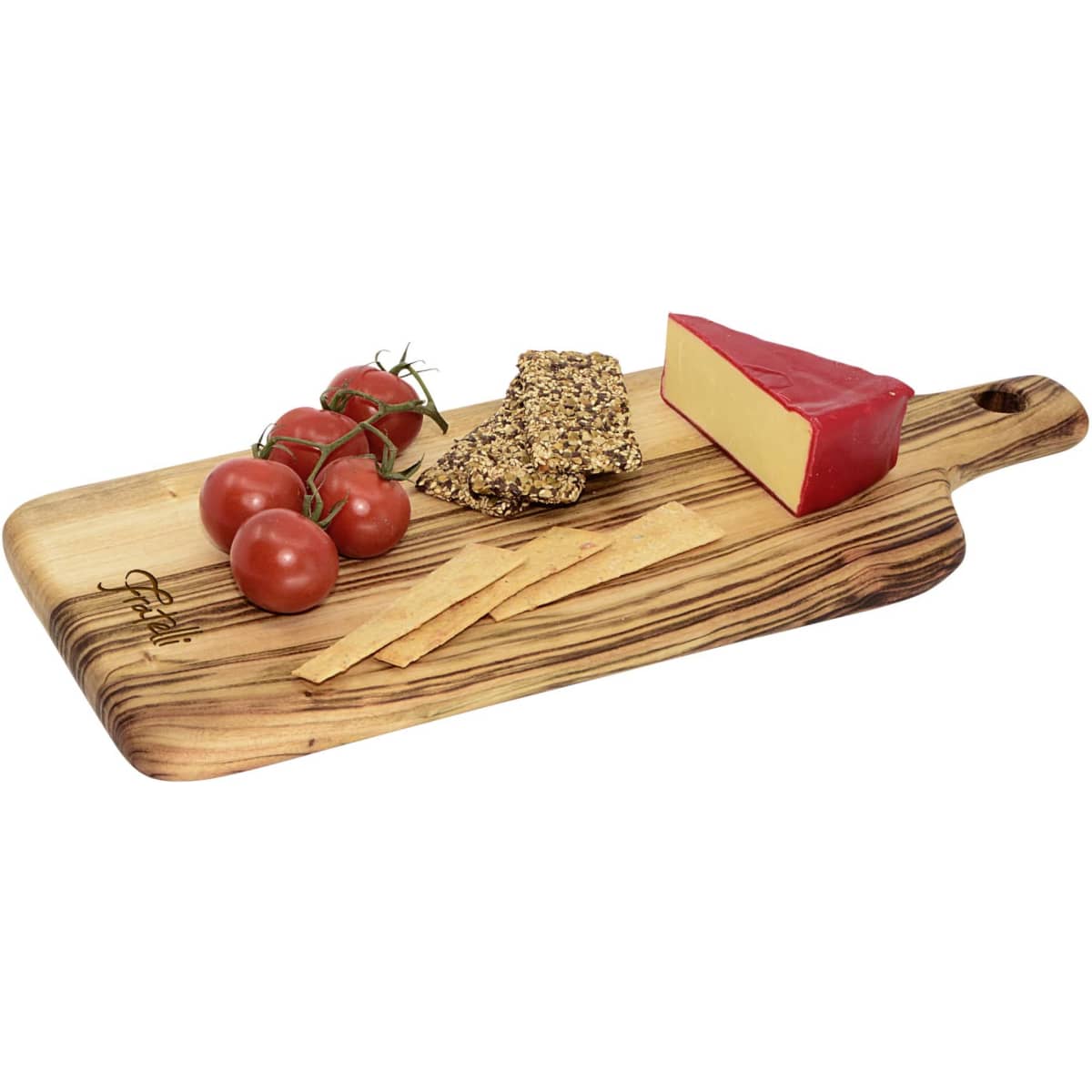 A large wooden serving board with a natural finish, featuring cherry tomatoes, cheese, and crackers.