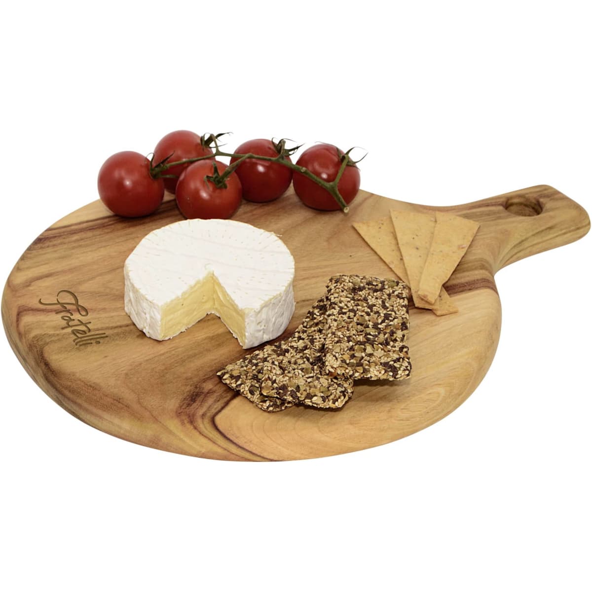 A round wooden serving board featuring a brie cheese, crackers, and cherry tomatoes. Includes a branding logo.