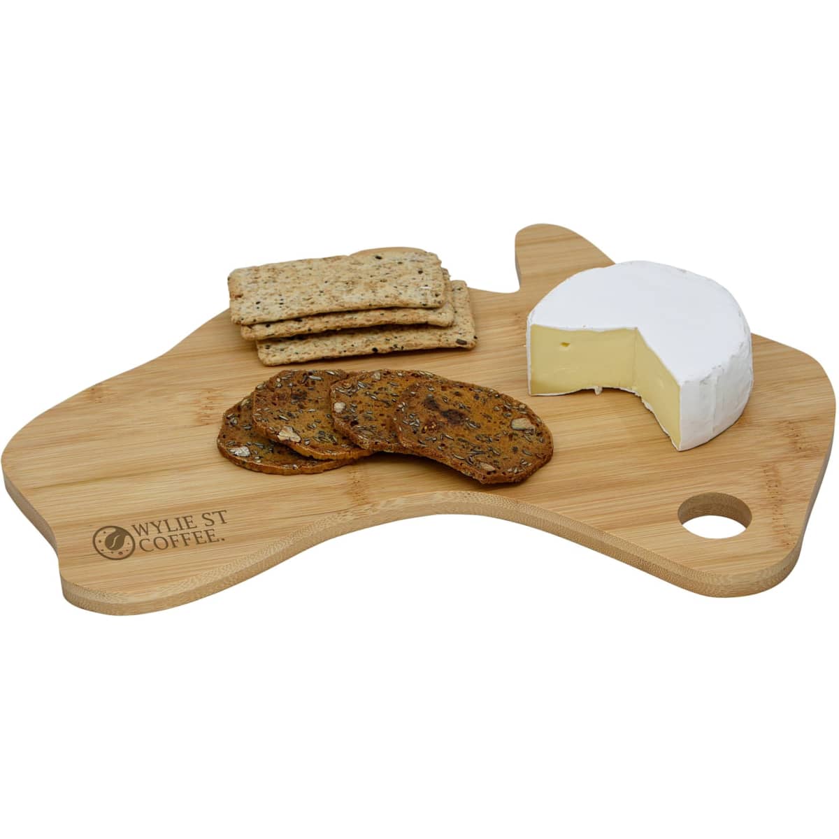A bamboo cheese board shaped like Australia, featuring cheese and assorted crackers. It has a logo.