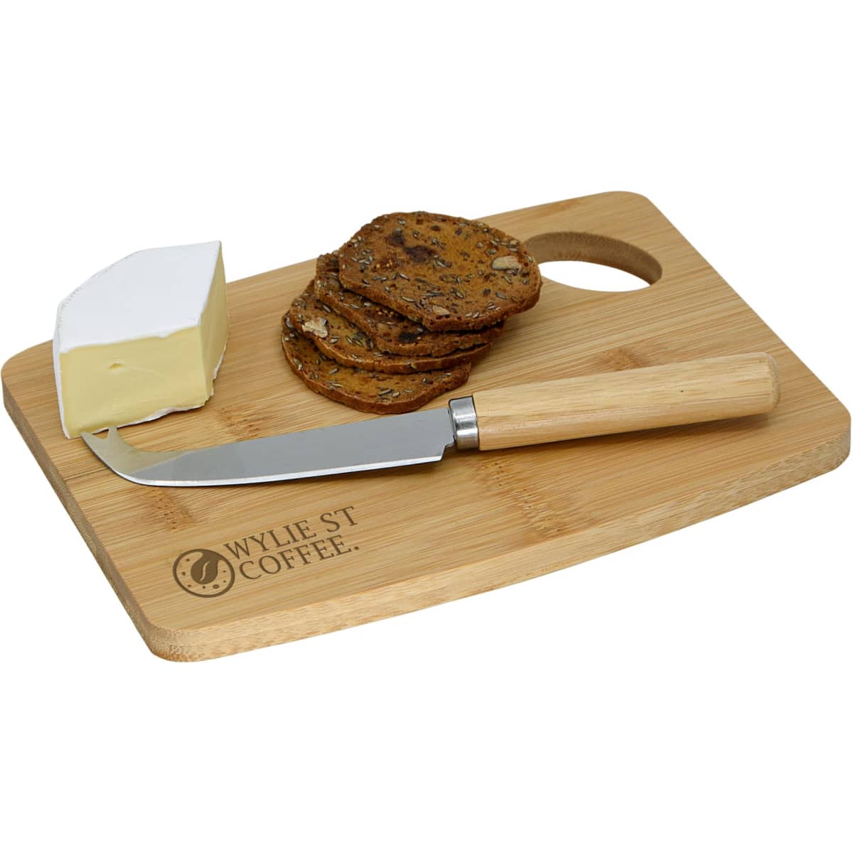 A bamboo cheese board with knife, featuring a wedge of cheese and a stack of crackers. The knife has a wooden handle.