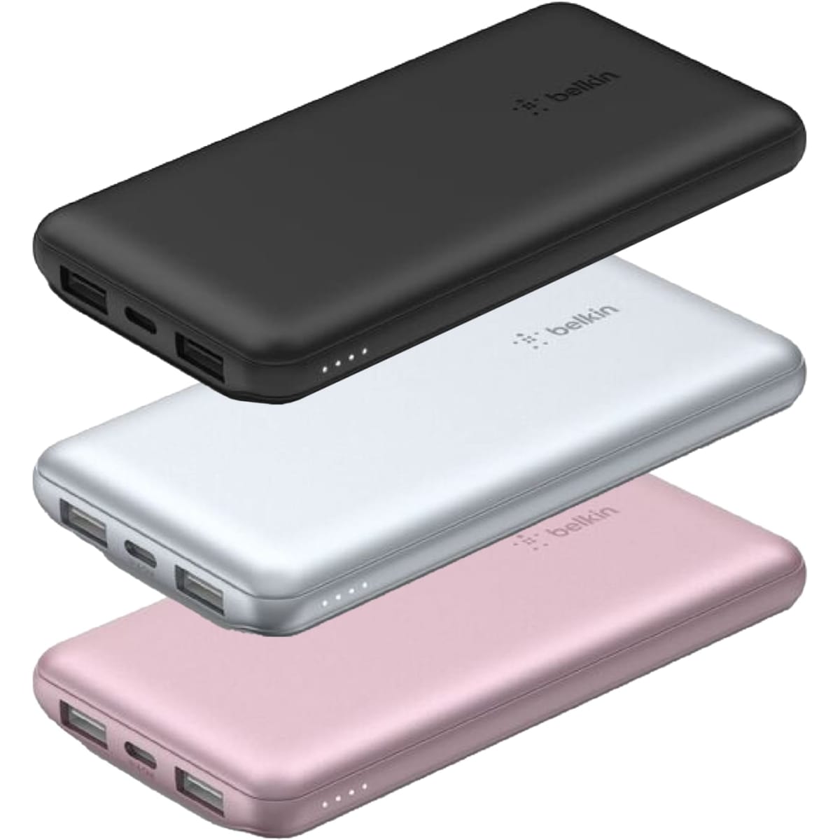 A set of three power banks in black, silver, and rose gold, featuring USB ports and a logo on each.