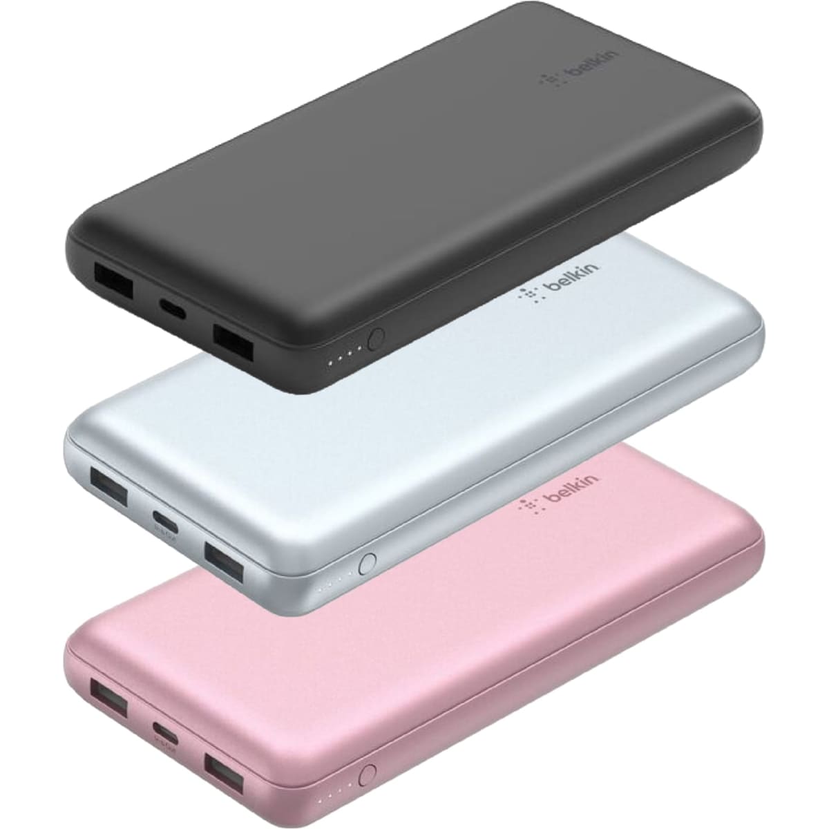A stack of three power banks in black, silver, and pink, featuring multiple USB ports and a logo.