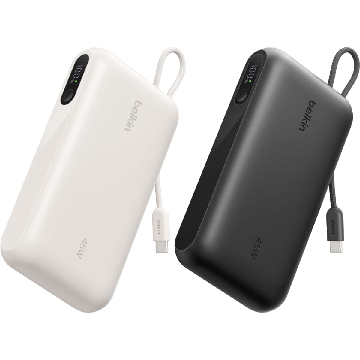 A compact power bank in white and black with an integrated cable and display, featuring a logo.