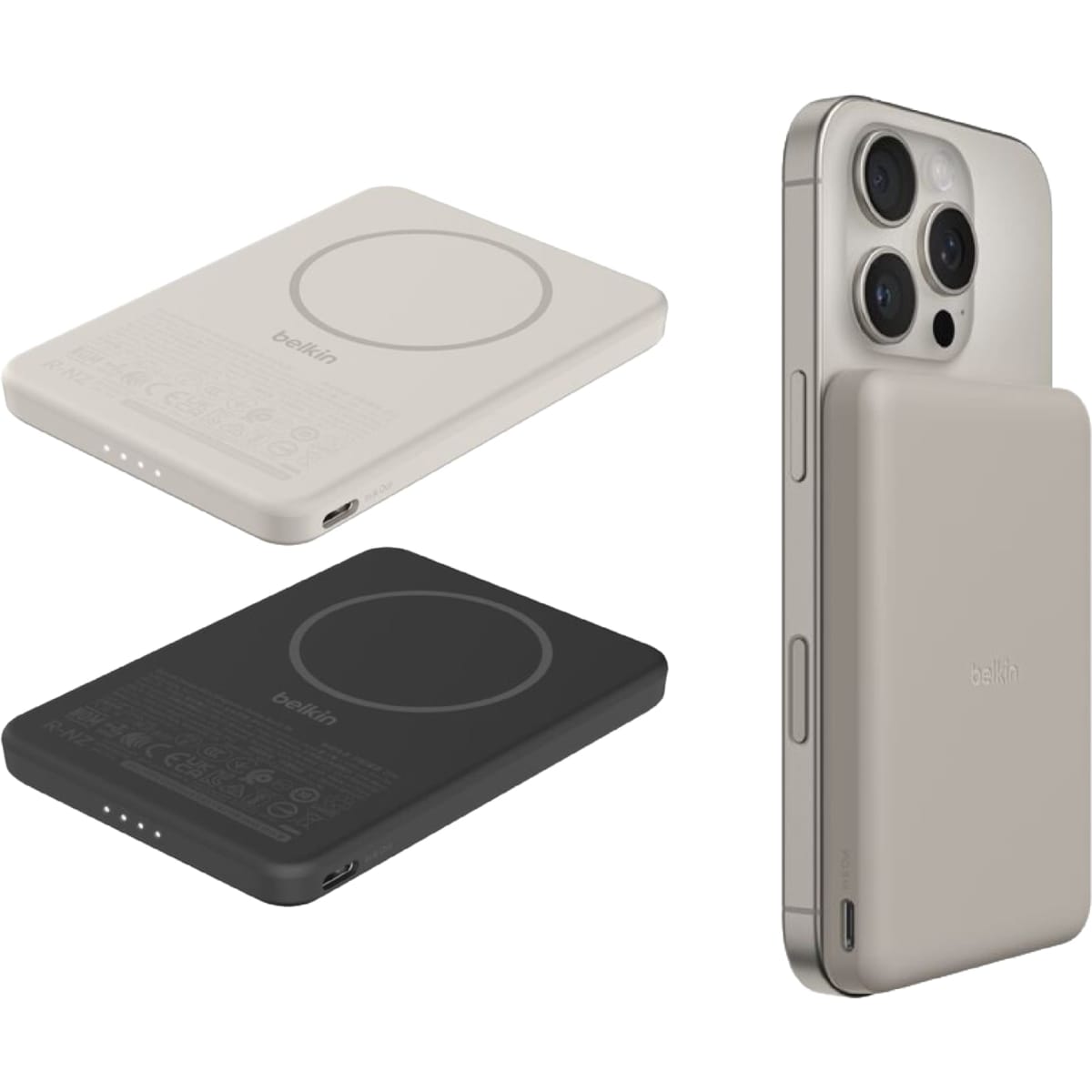 A slim power bank in black and white, designed for magnetic attachment, with ports and indicator lights.