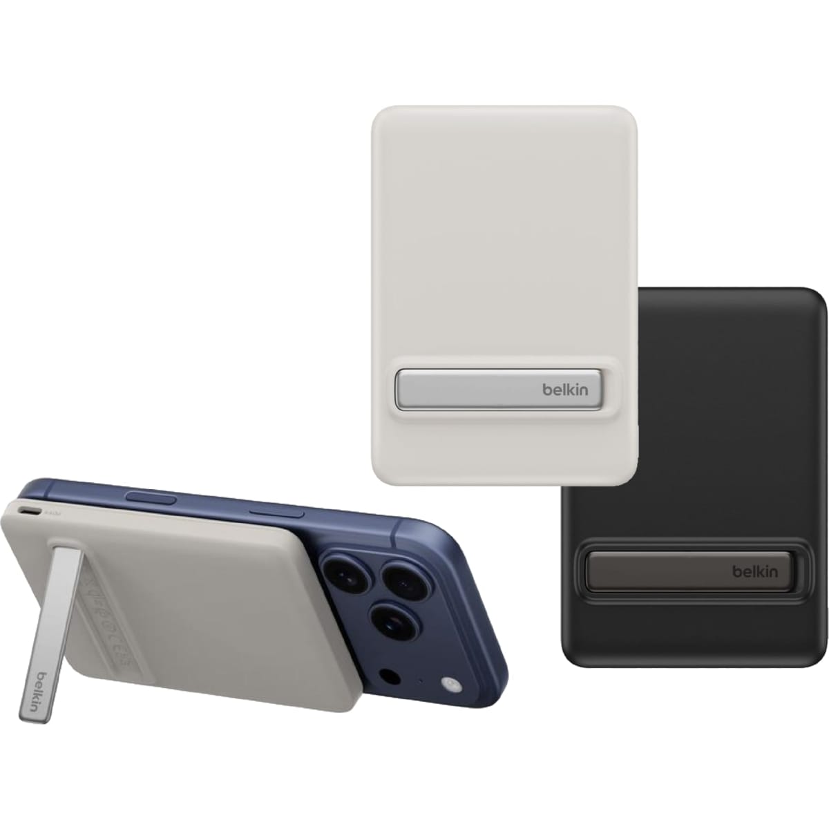 A slim power bank in beige and black, featuring a stand and branding, designed for wireless charging.