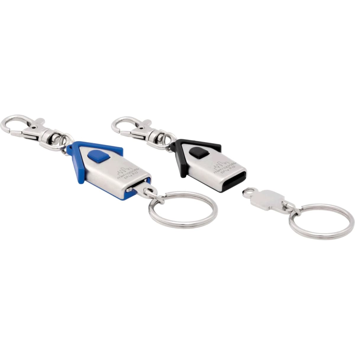 A keyring featuring a house-shaped design with blue and black components, including a metal clip and keyring attachment.