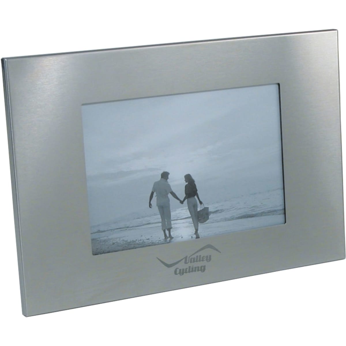 A silver photo frame with a rectangular shape, featuring a central opening for a photo and a logo on the bottom.