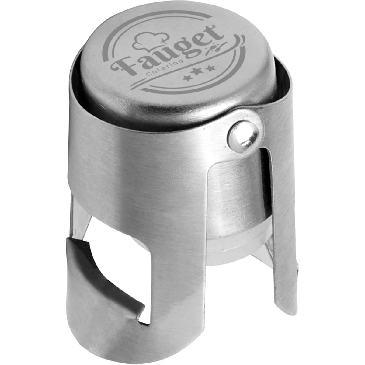 A stainless steel bottle stopper with a logo, featuring a sleek design for sealing drink bottles.