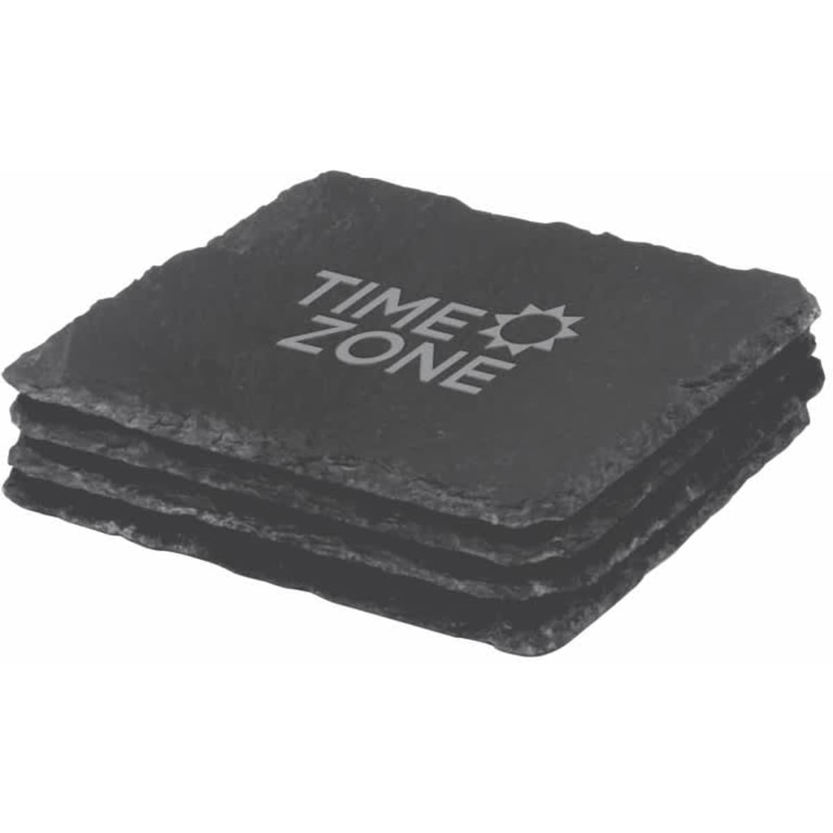 A set of four black slate coasters stacked together, featuring a logo on the top coaster.