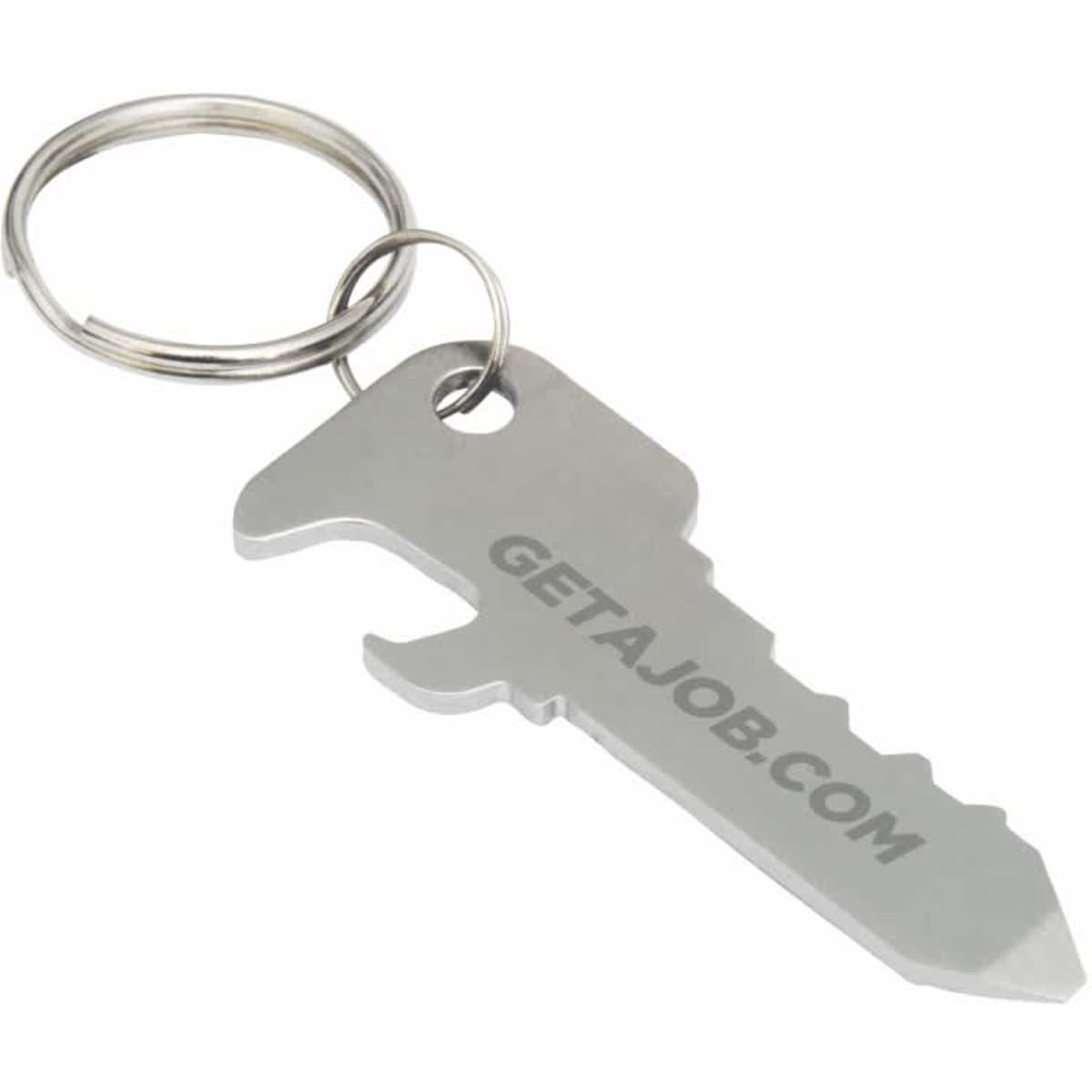 A drink bottle opener in the shape of a key, featuring a metallic silver finish and attached to a keyring.
