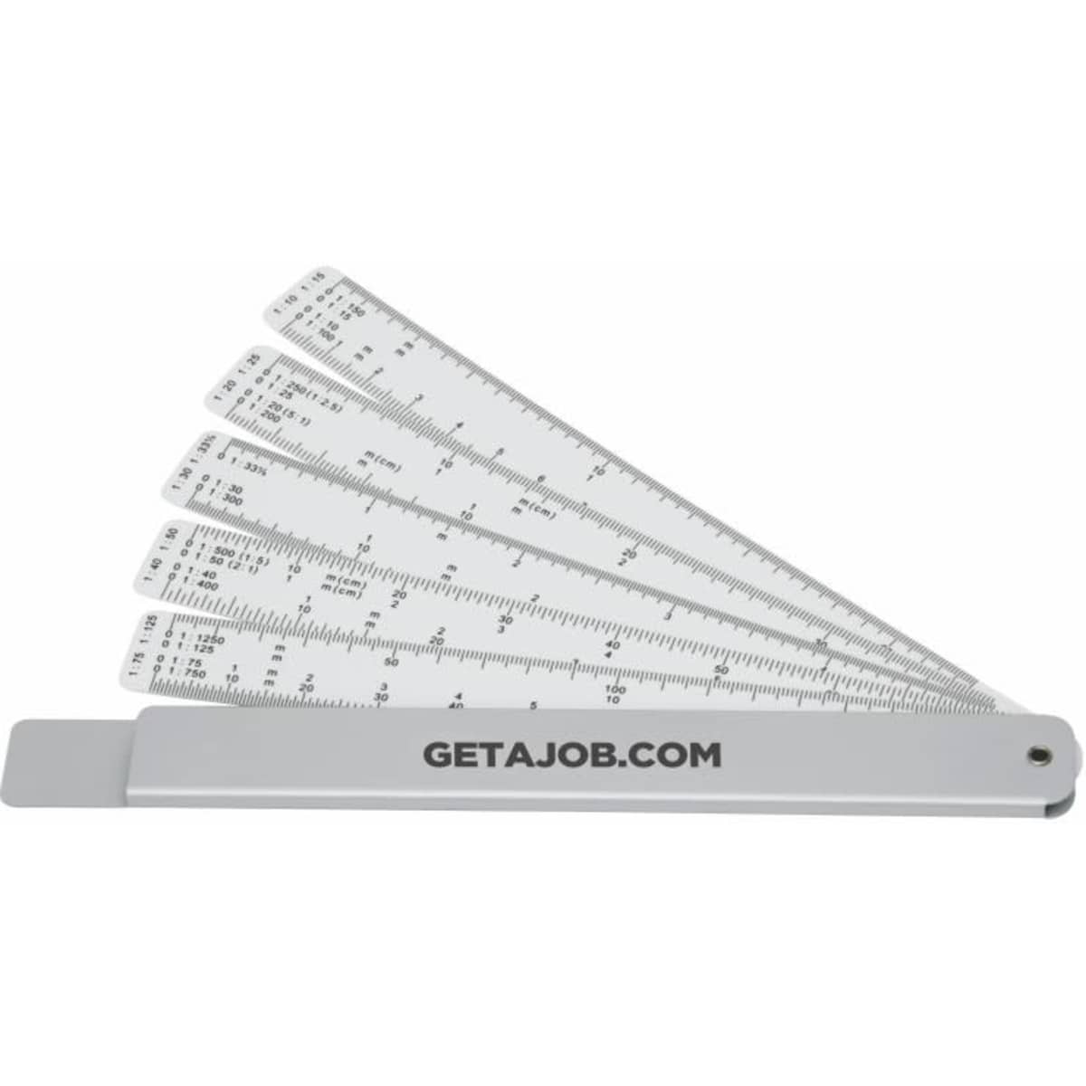 A silver Measure-Mate scale rule with multiple folding sections, featuring a logo on one side.