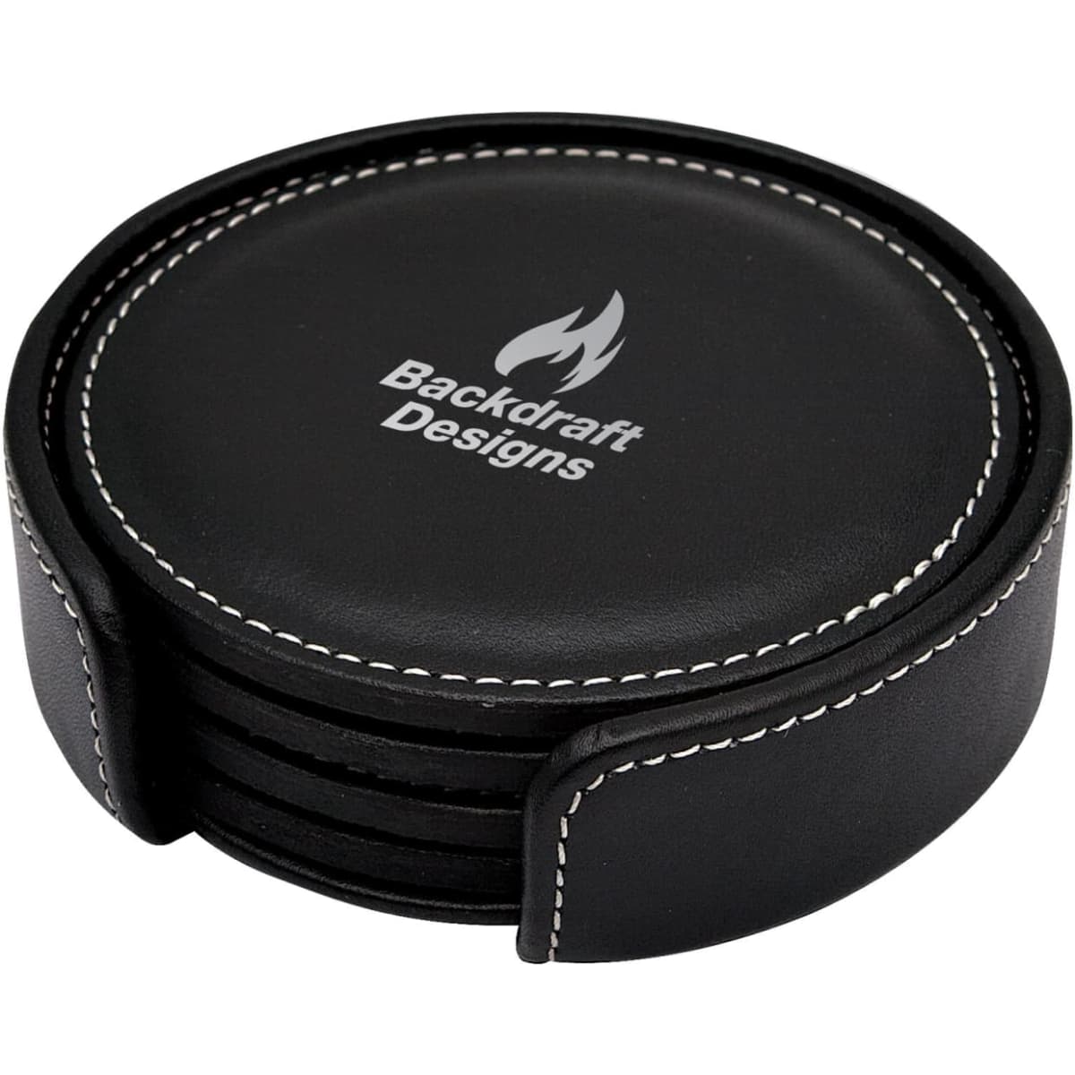 A round black coaster set with a matching holder, featuring a logo on the top coaster.