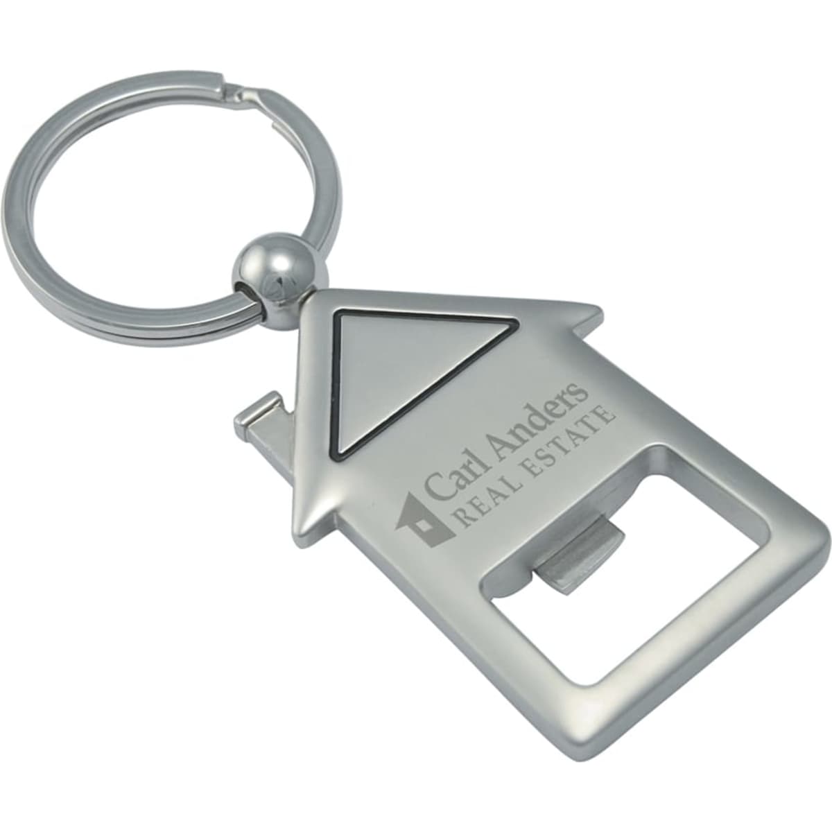 A drink bottle opener keyring shaped like a house, featuring a silver metallic finish and a logo.