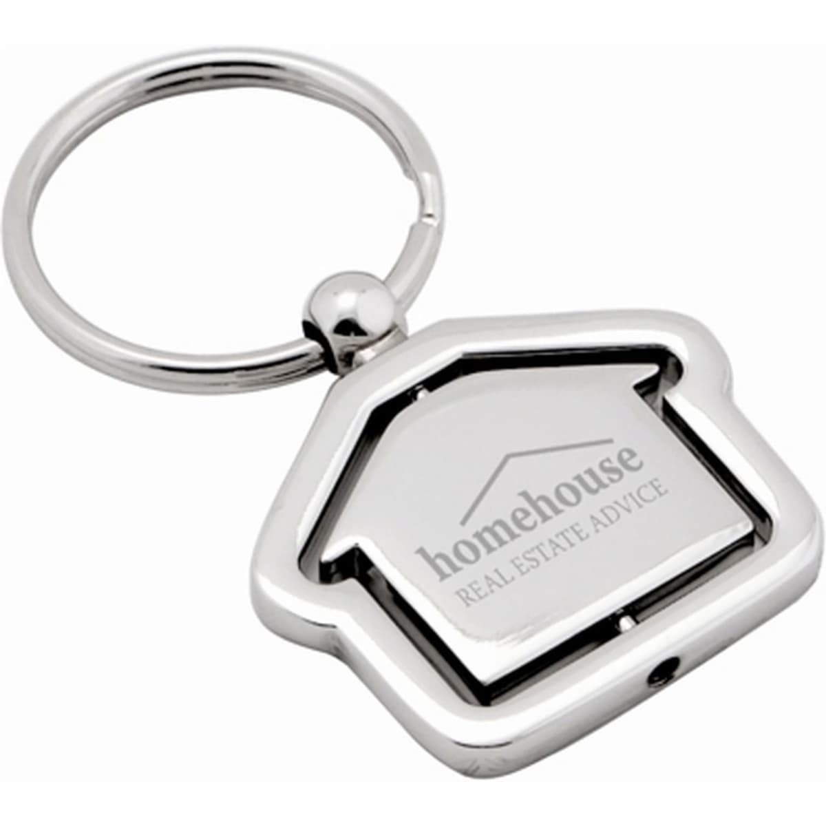 A silver keyring shaped like a house, featuring a logo on the front and a circular keyring attachment.