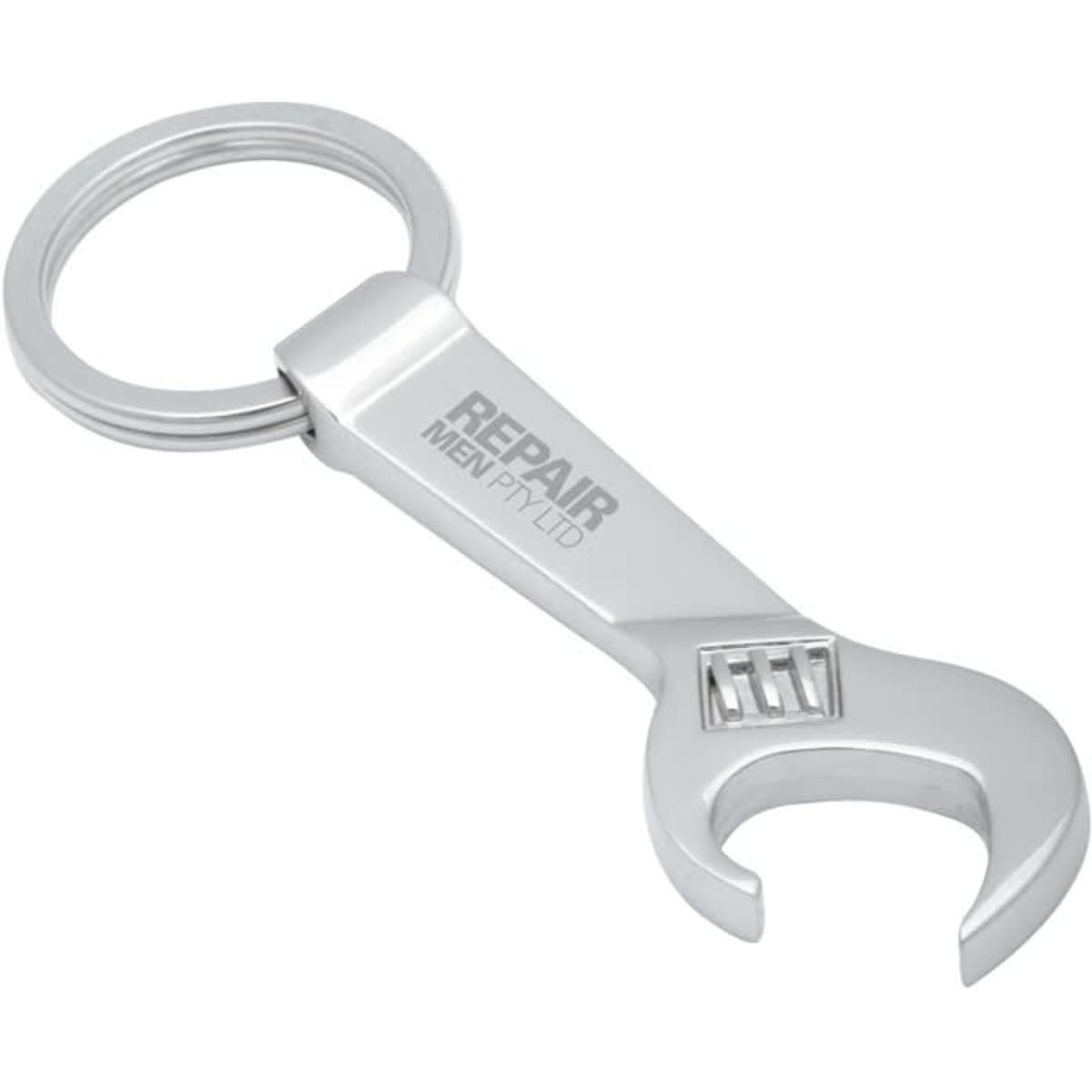 A drink bottle keyring in silver, shaped like a wrench with a logo on its side.