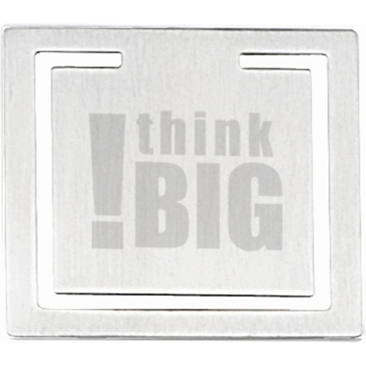 A square metal clip with a brushed finish and a logo. It has cut-out sections at the top.