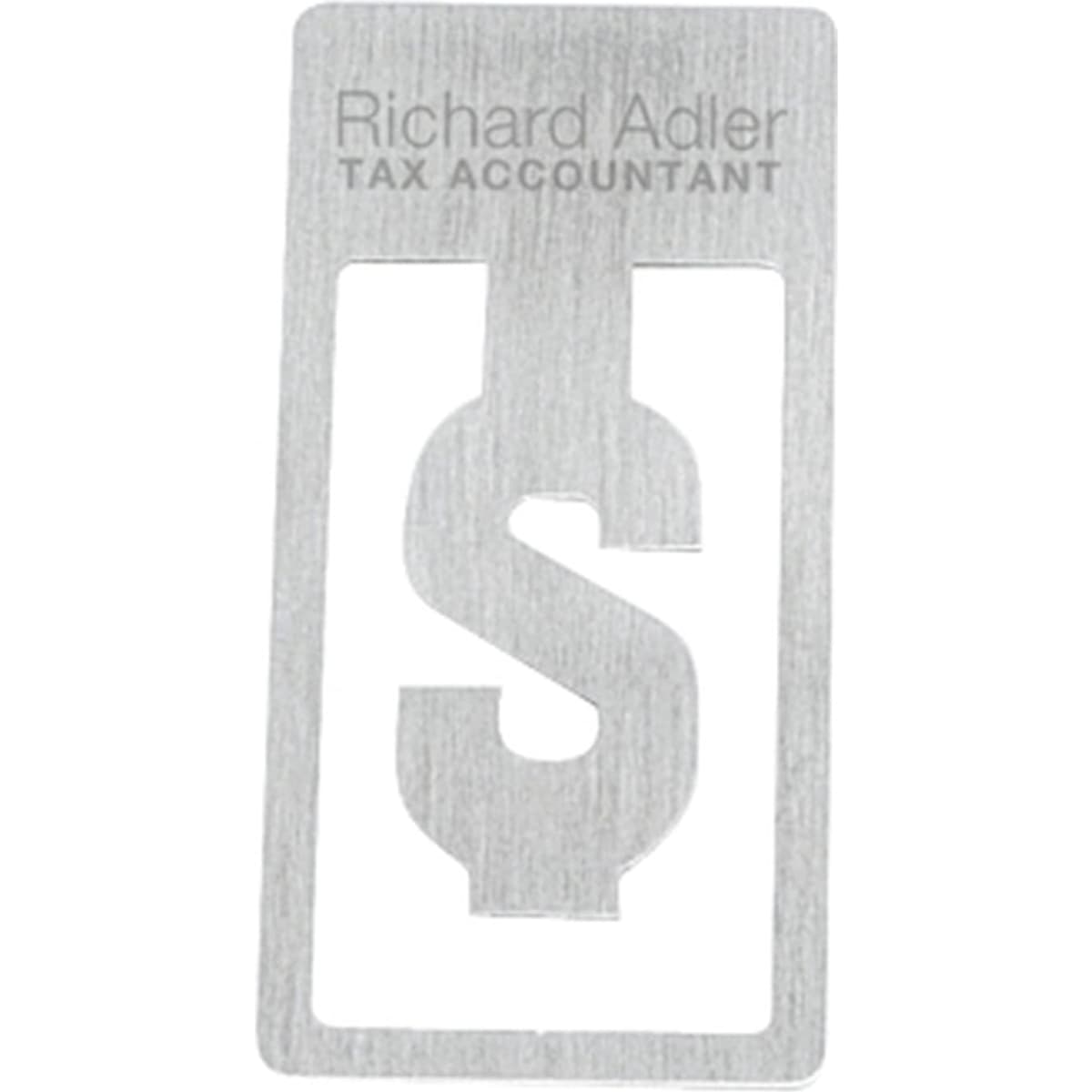A silver business card featuring a dollar sign cut-out design and branding.
