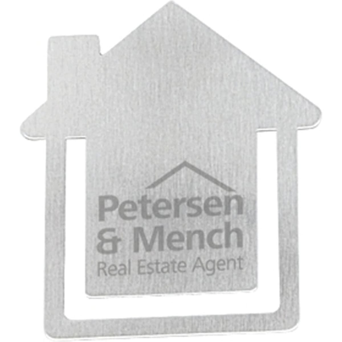 A silver metal clip shaped like a house, featuring a logo and text in the centre.