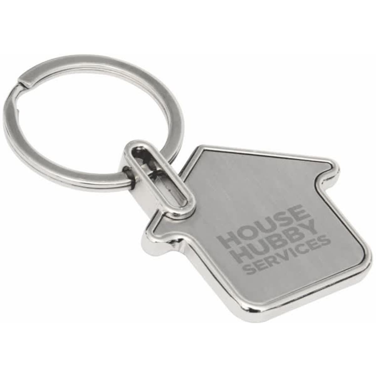 A silver house-shaped keyring with a metal loop and a logo.