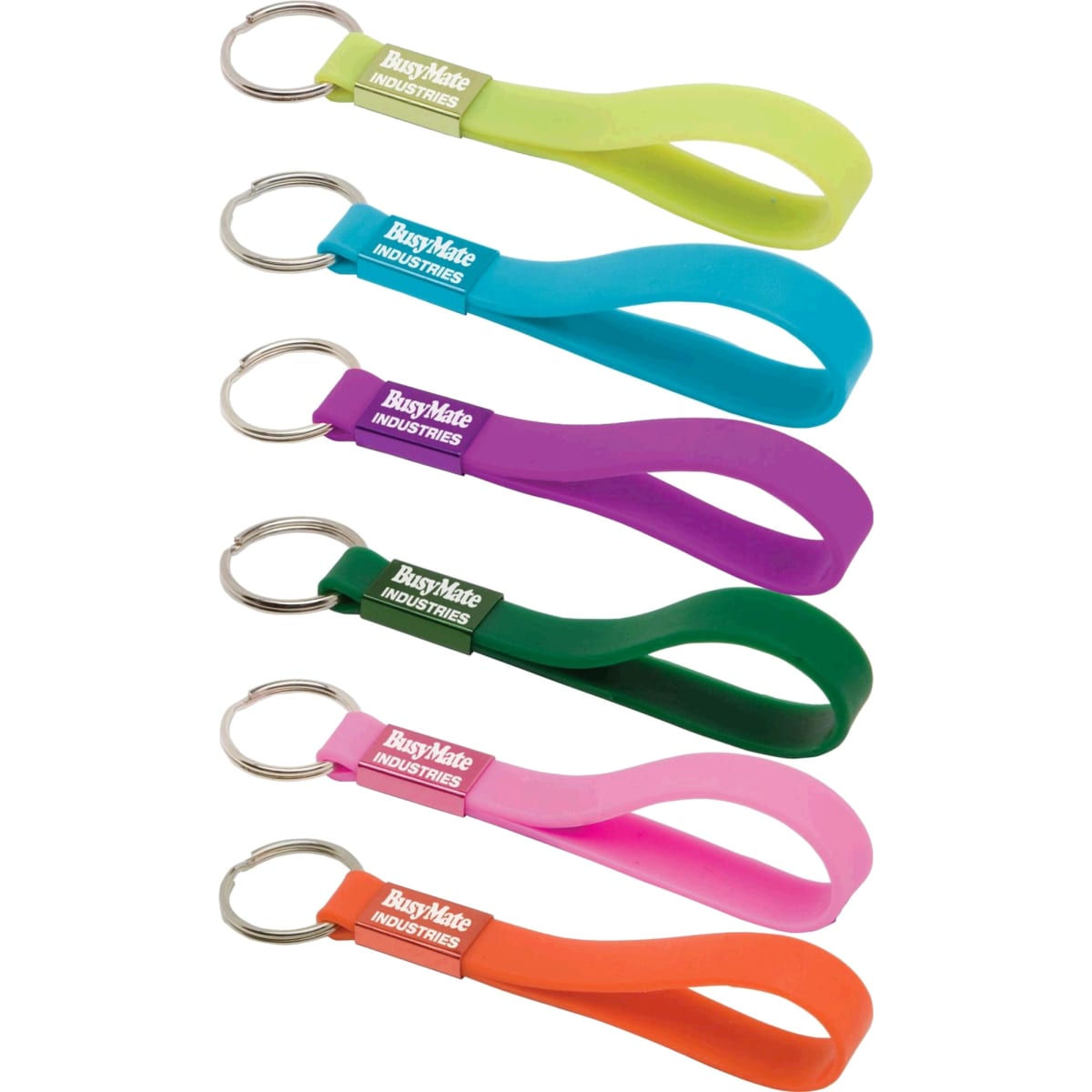 A collection of silicone sling keyrings in various bright colours, featuring a metal keyring attachment.