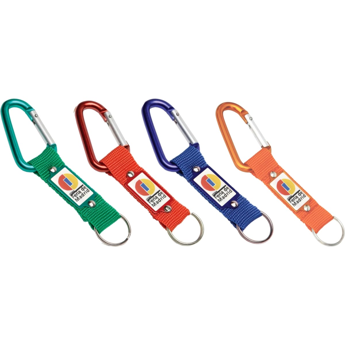 A set of four keyrings with colourful carabiners and fabric straps, featuring a logo on each.