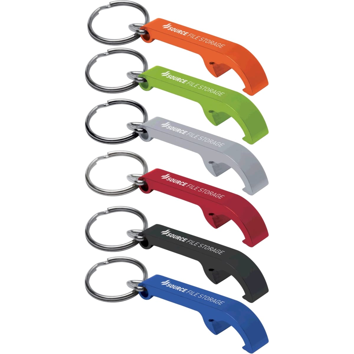 A drink bottle opener keyring in various colours: orange, green, silver, grey, red, black, and blue, with a logo.