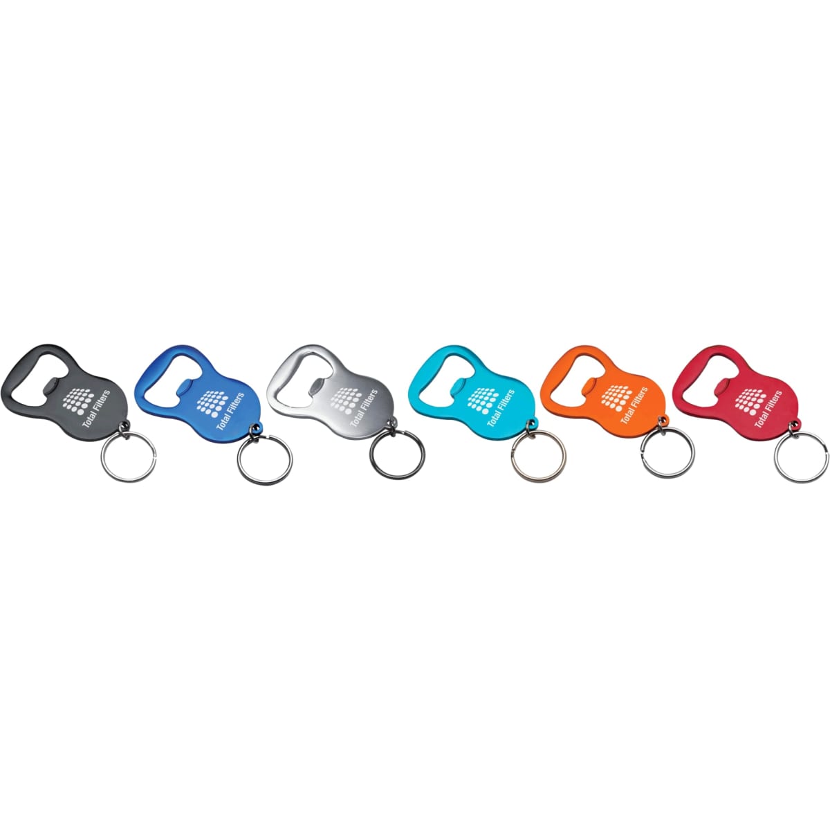 A drink bottle opener keyring in various colours: black, silver, blue, teal, orange, and red, featuring a logo.