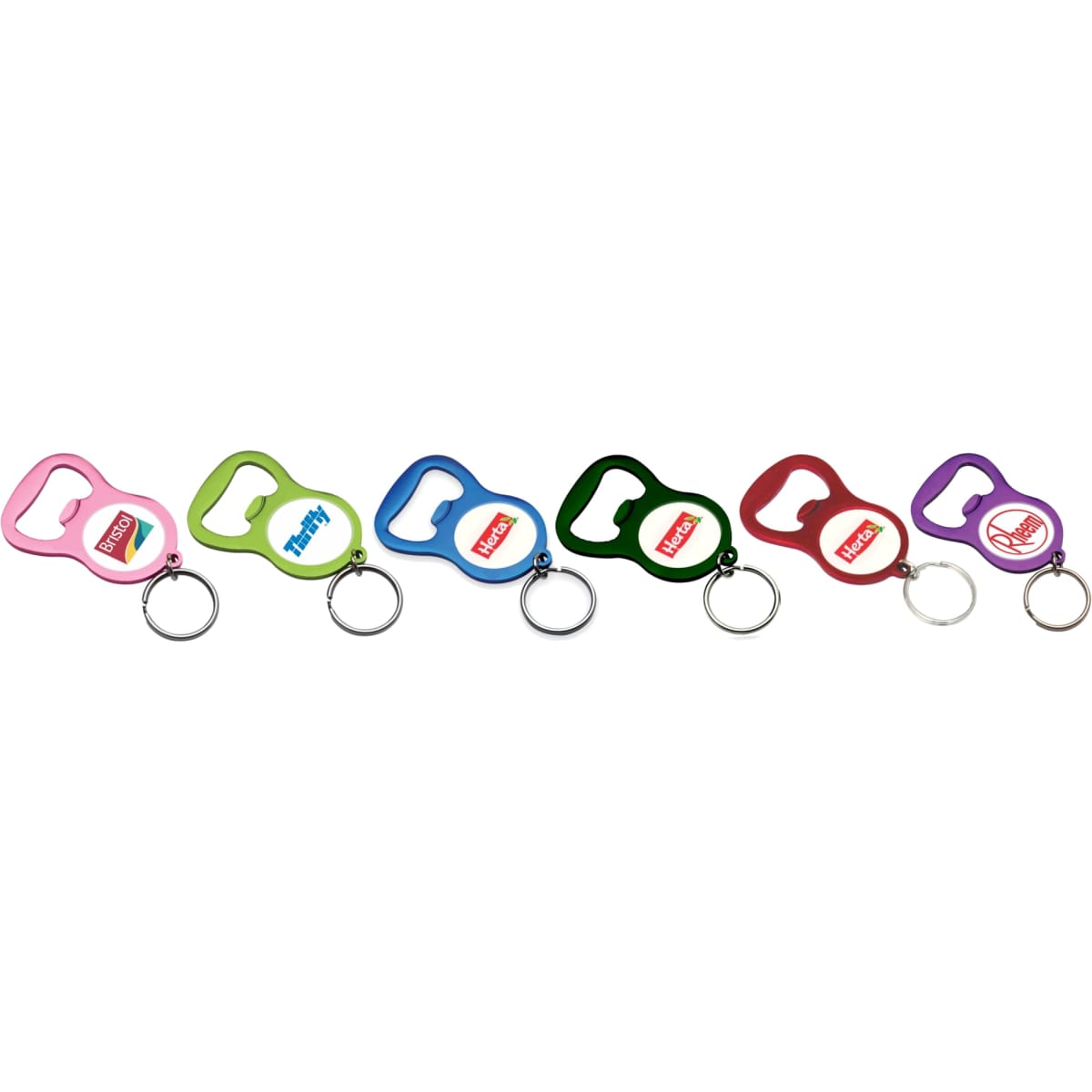 A drink bottle opener keyring in various colours: pink, green, black, red, and purple, featuring a logo on each.