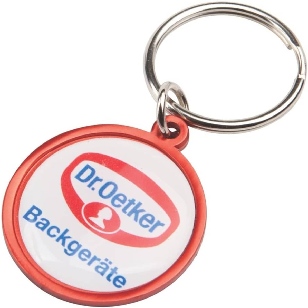 A round keyring featuring a red border and a central design with text. The keyring includes a metal keychain attachment.