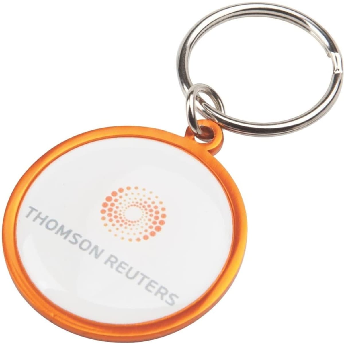 A round keyring with an orange border and a clear central section, featuring a logo.