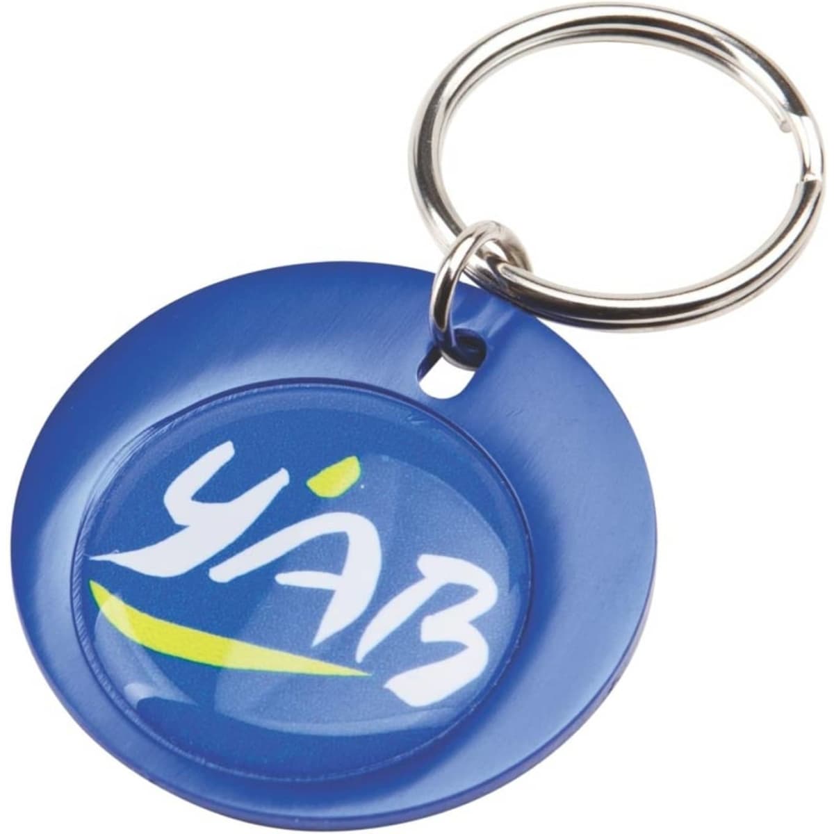 A round blue keyring featuring a logo in the centre, attached to a silver keychain.