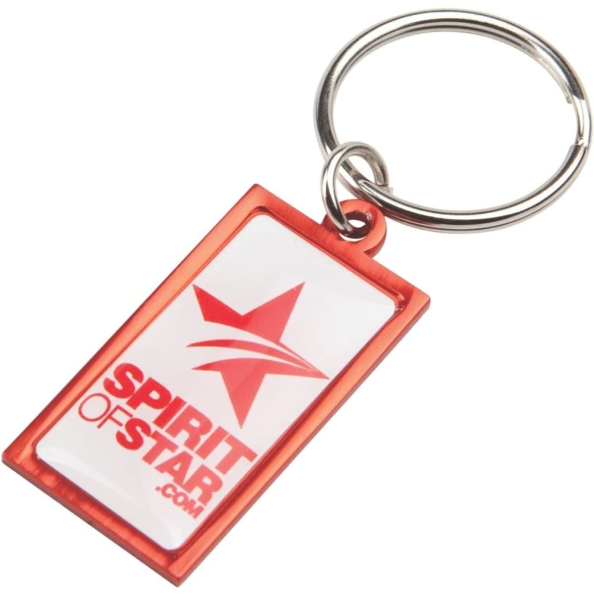 A rectangular red and white keyring with a silver keyring attachment and a logo.
