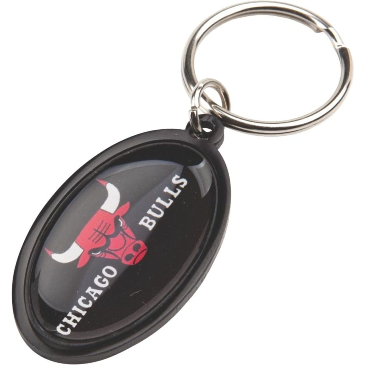 An oval keyring featuring a black background and a bull logo with a red and white design. It has a metal ring attachment.