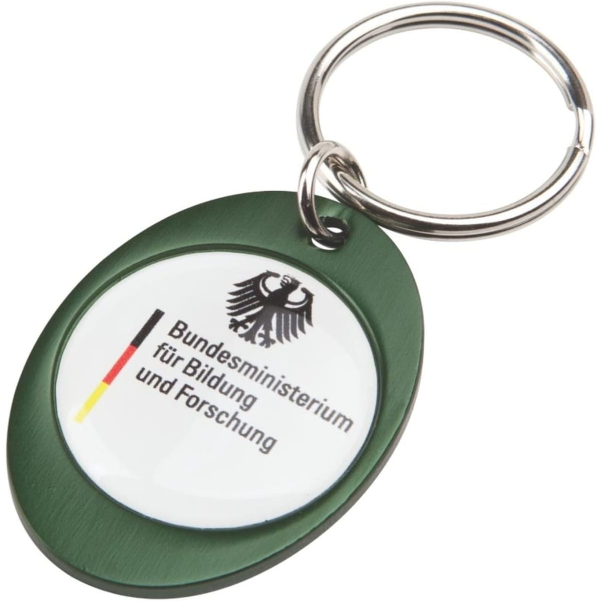 A green oval keyring featuring a logo within a clear lens. The keyring has a silver metal keyring attachment.