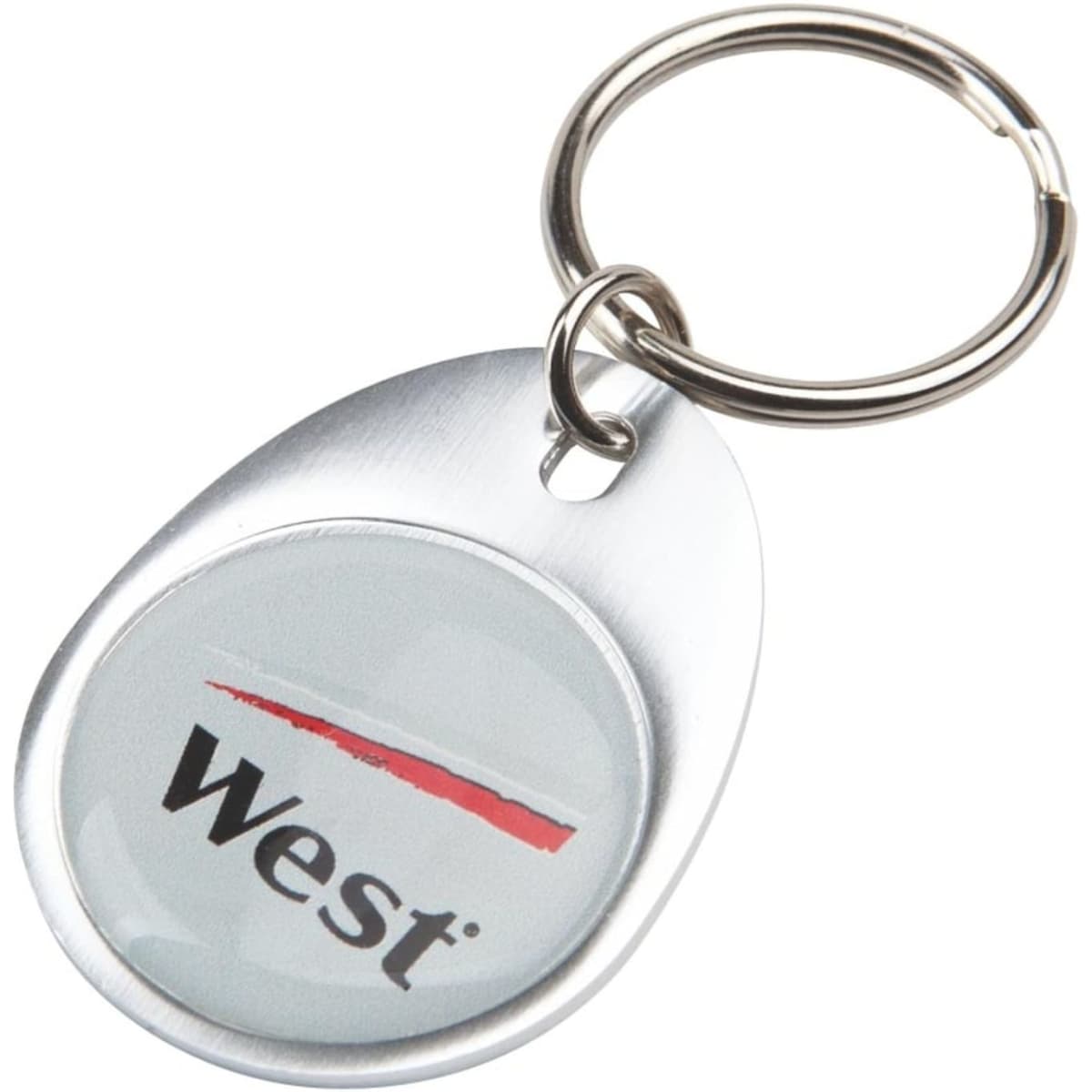 A silver keyring with a circular attachment featuring a logo in red and grey. The keyring has a metallic finish.