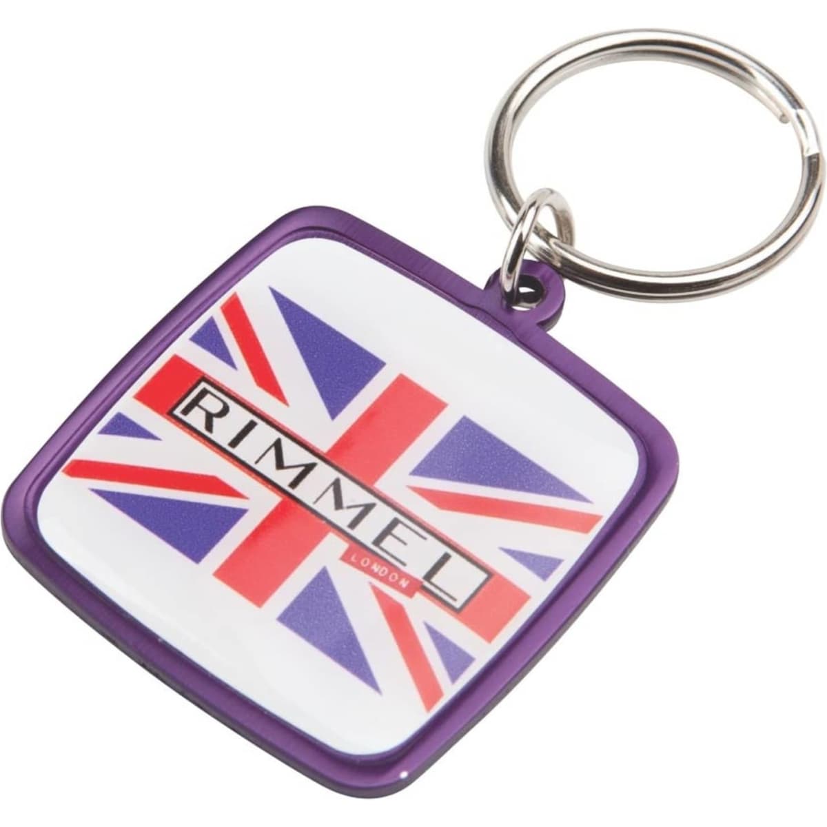 A square keyring featuring a British flag design, with a purple border and a logo.