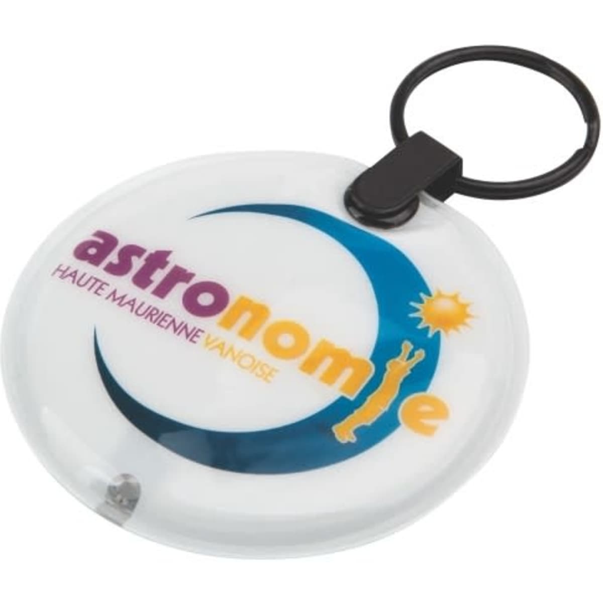 A circular white keyring with a black keychain attachment, featuring a logo that includes blue and yellow elements.
