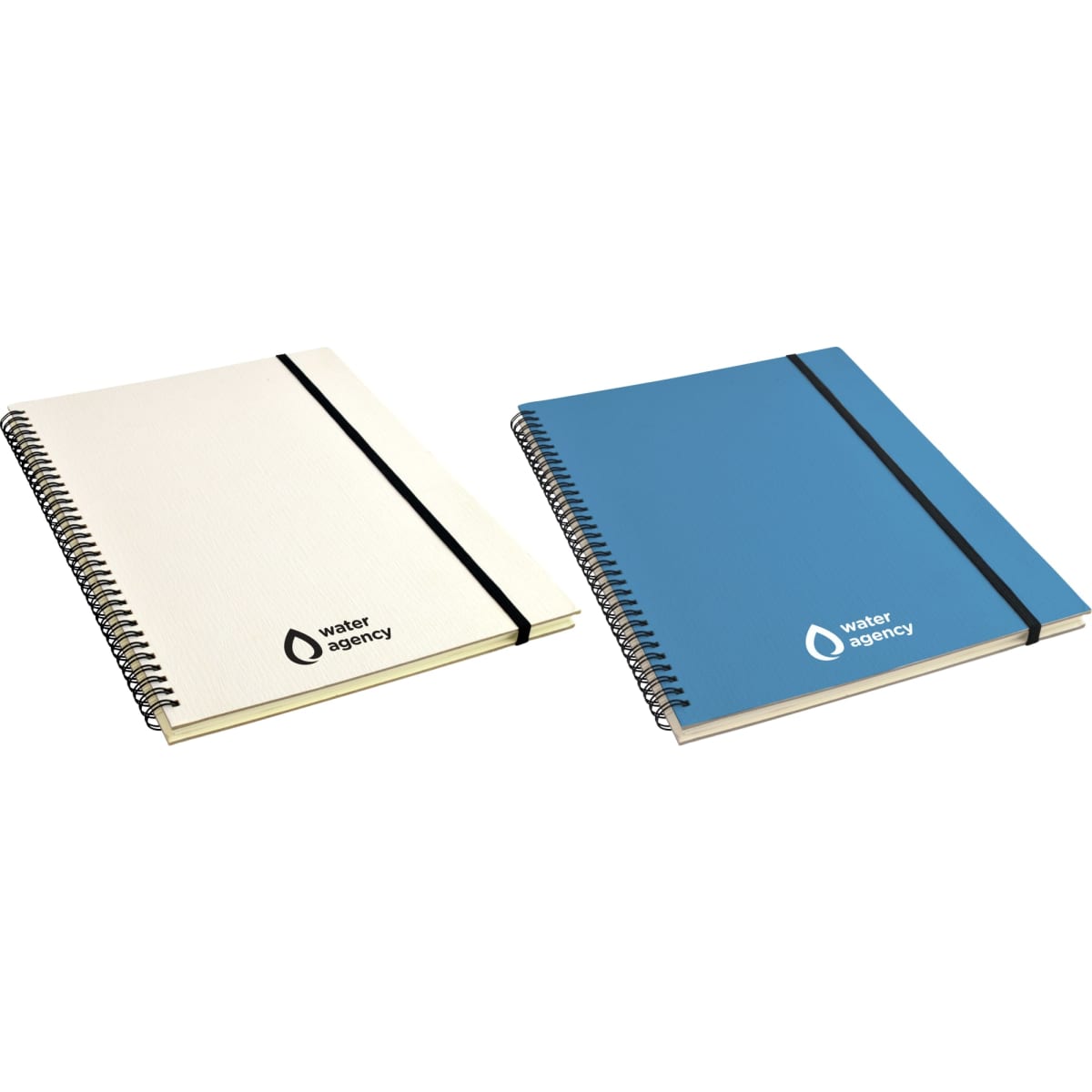Two A4 notebooks with spiral binding, one white with a logo and one blue with a logo, featuring elastic closures.
