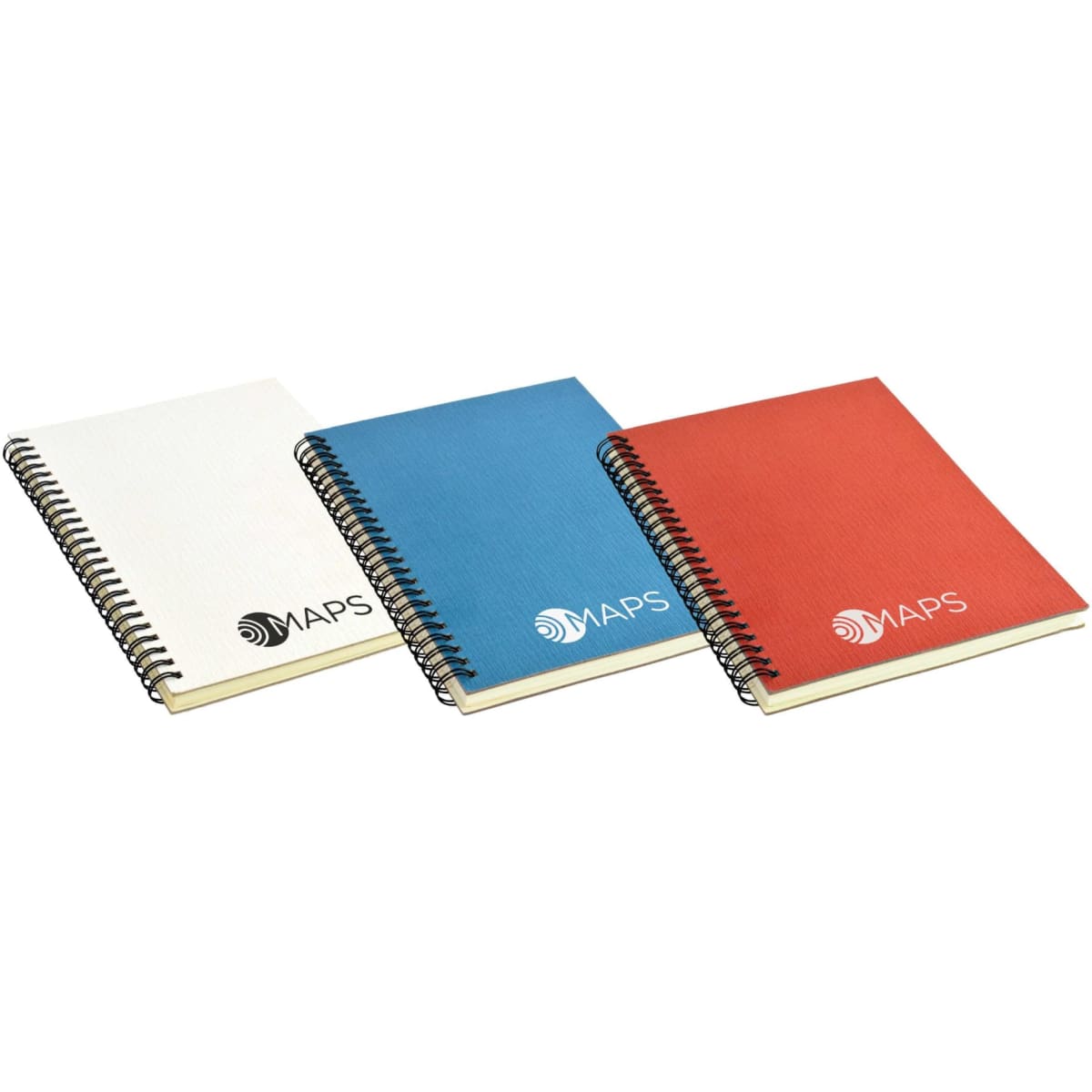 A set of three A5 notebooks in white, blue, and red, each with a spiral binding and a logo on the cover.