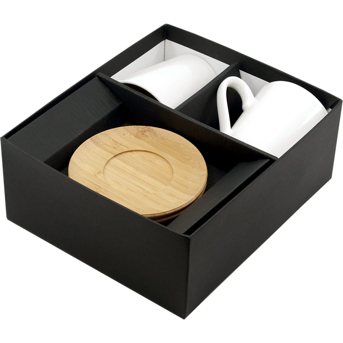 A drinkware set featuring two white coffee mugs and a bamboo saucer in a black presentation box.
