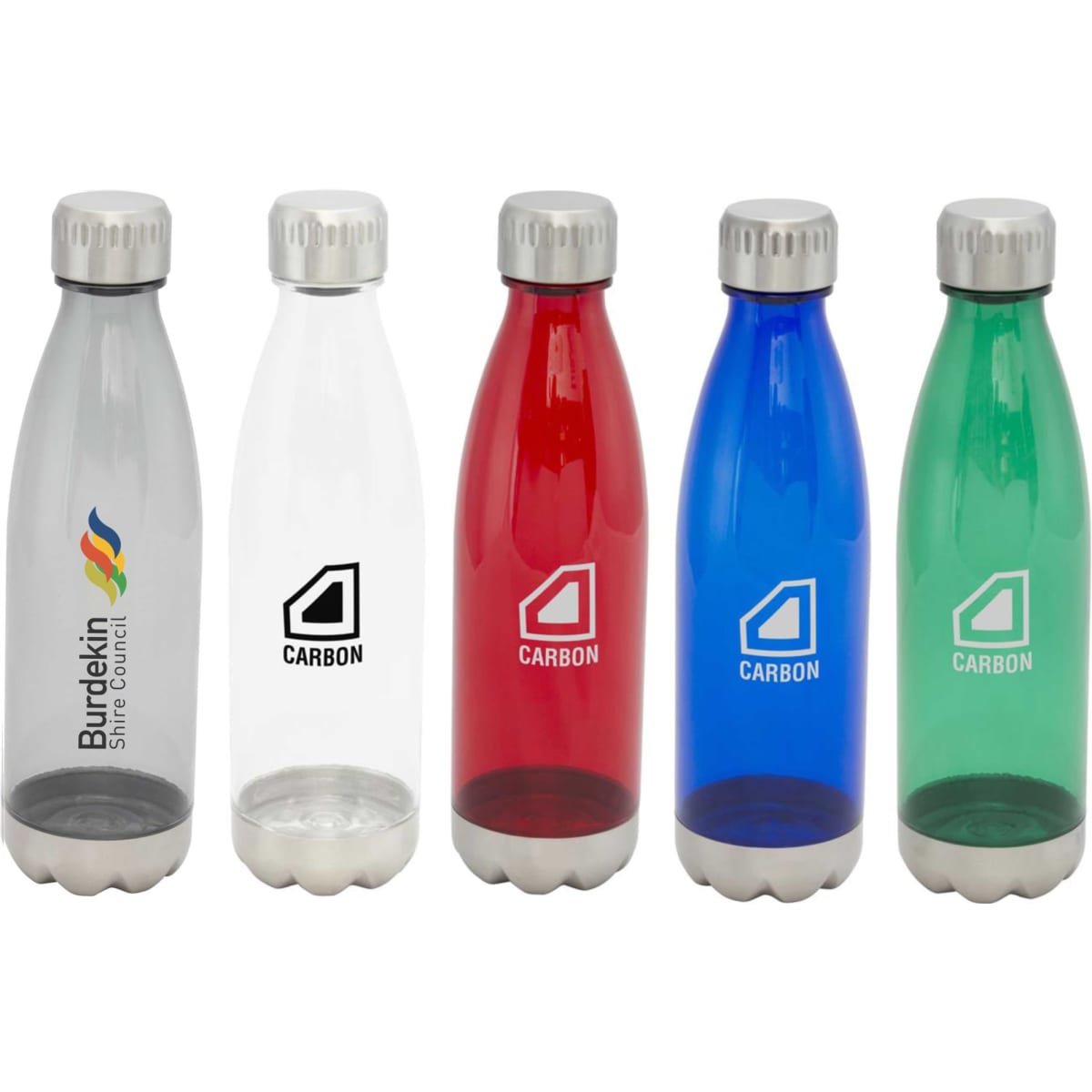 A drink bottle collection featuring clear, red, blue, and green bottles, all with a logo.