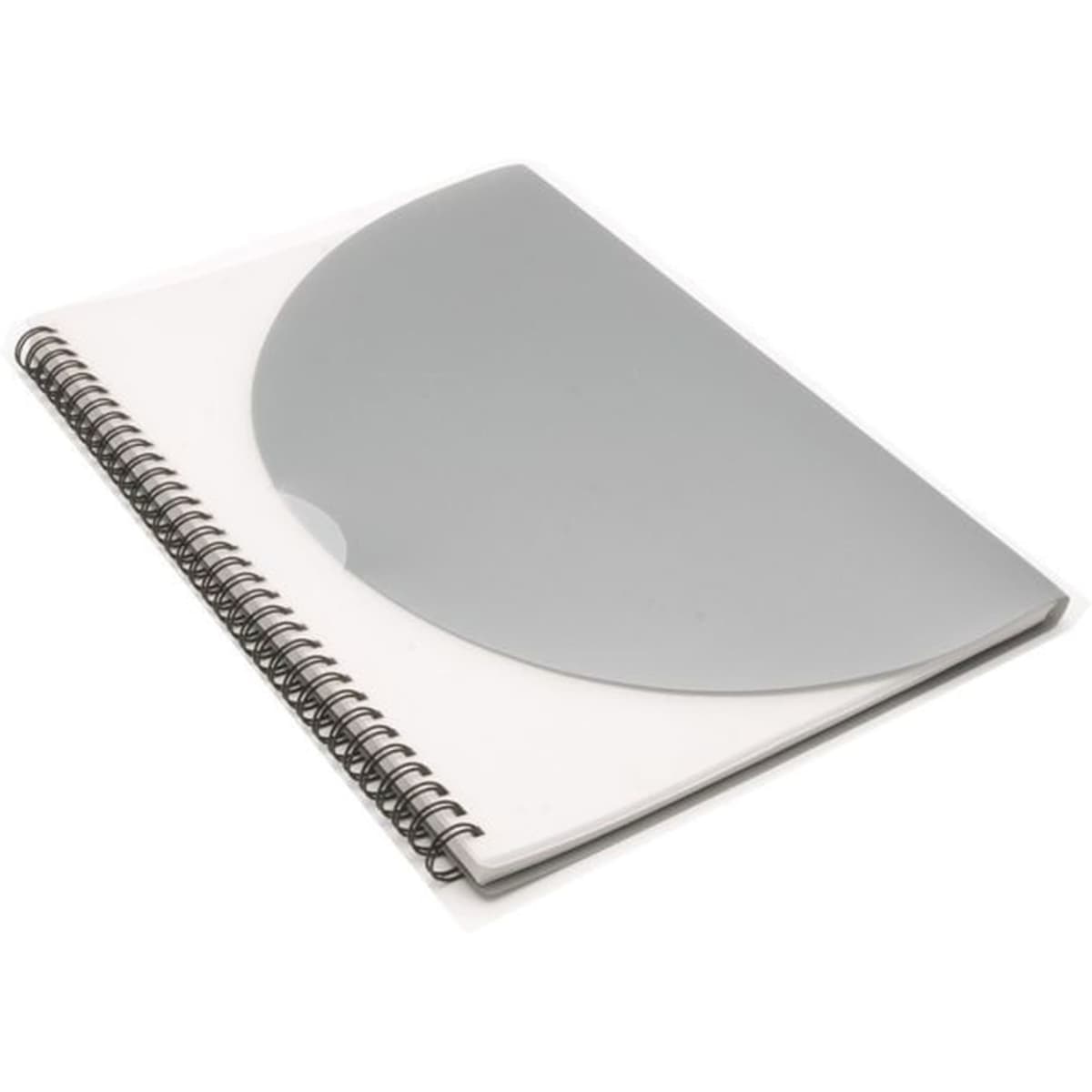 A large silver A4 notepad with a spiral binding and a transparent cover. It features a logo on the front.